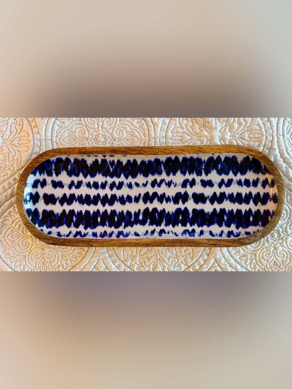 Blue and White Emamel and Mango Wood Decorative Tray